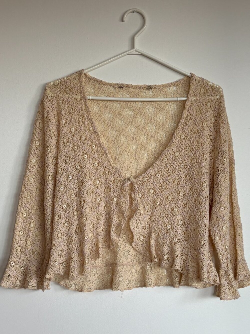 Vintage Beige Crochet 3/4 Bell Sleeve Top
